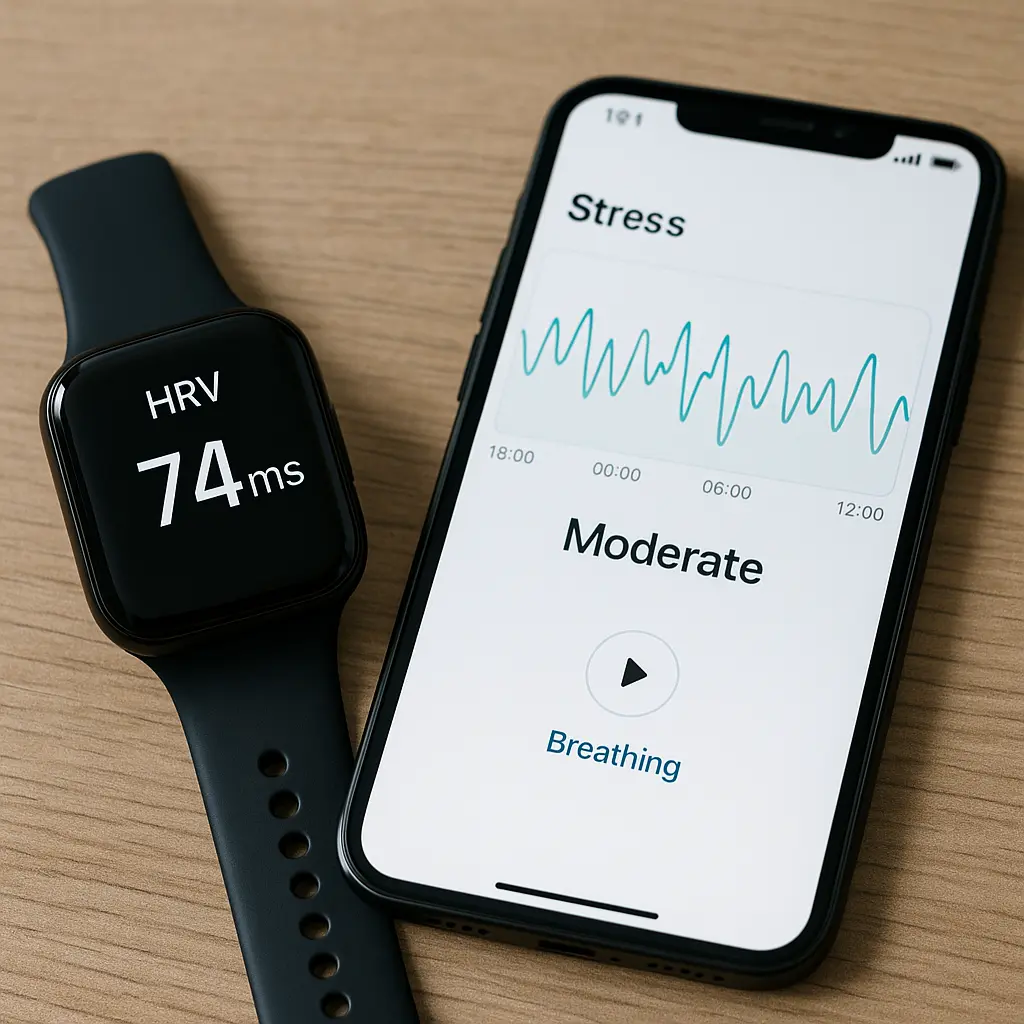 Wearable zeigt HRV-Wert auf Display, daneben Smartphone mit Stressdiagramm
