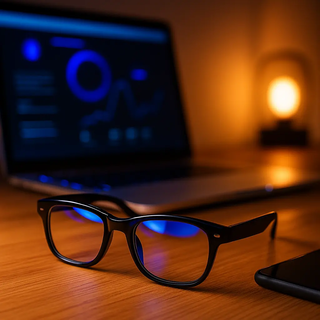 Blaulichtfilter-Brille mit Laptop und Abendlicht auf Tisch