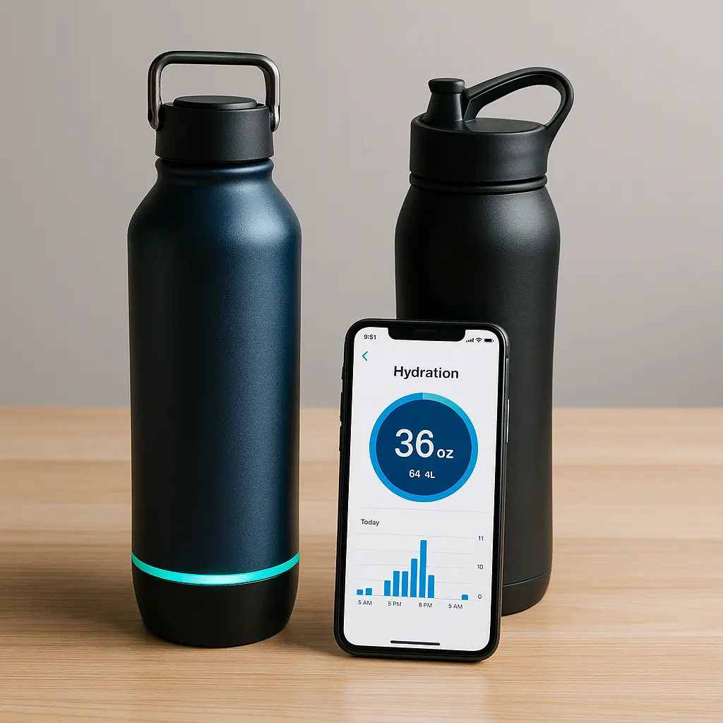 Smarte Wasserflaschen mit App und LED-Erinnerungssystem auf Tisch