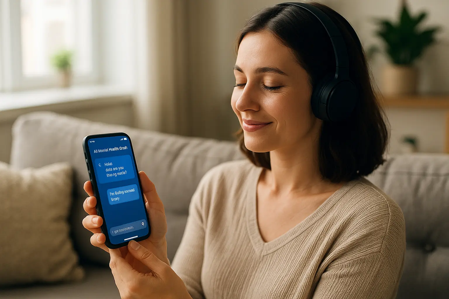 KI-Coaches für mentale Gesundheit – App auf Smartphone mit entspannter Person