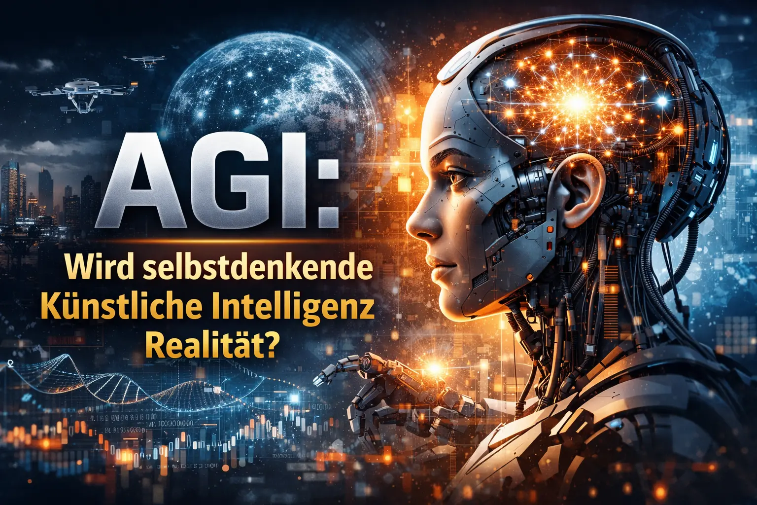 AGI – Visualisierung einer selbstdenkenden künstlichen Intelligenz mit neuronalen Netzwerken und futuristischer Stadt